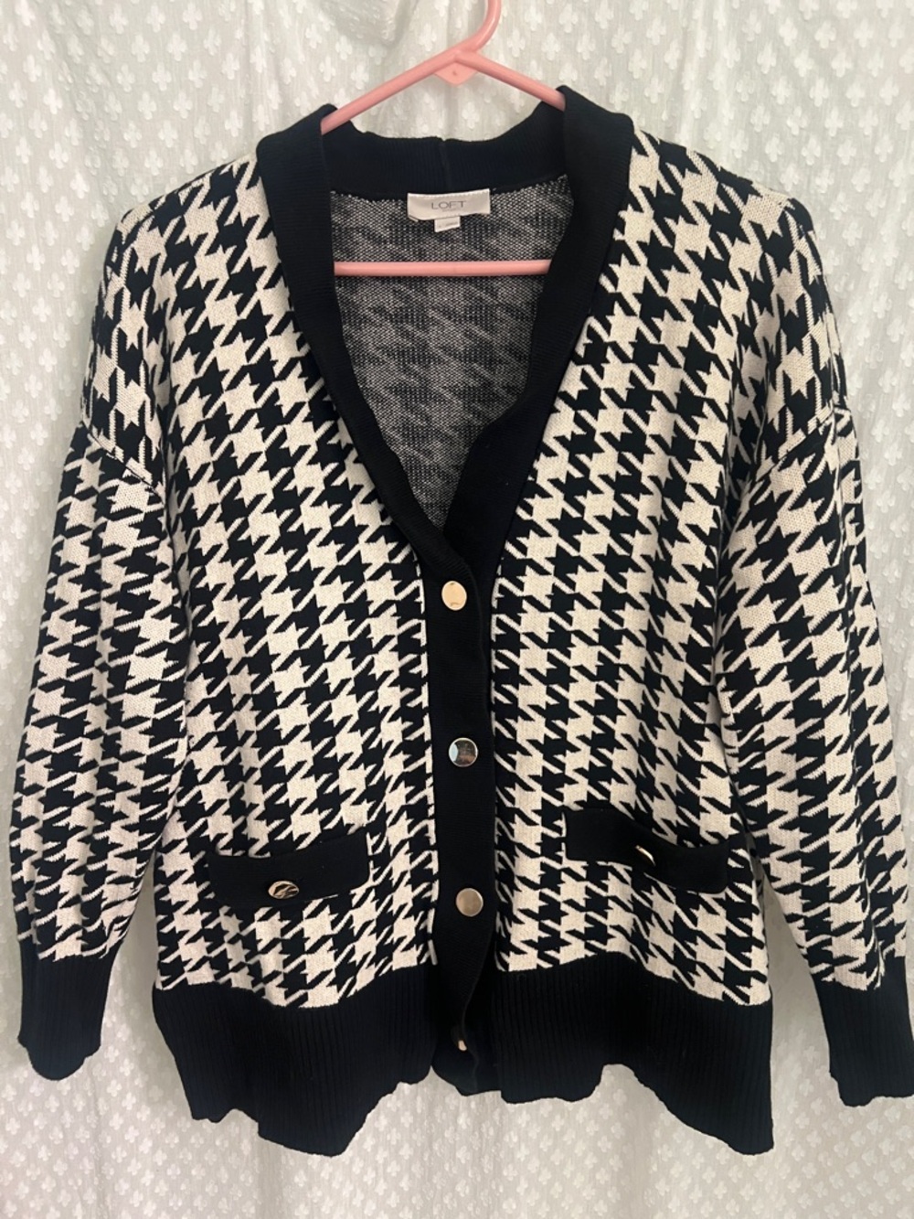 LOFT Black and White Houndstooth Button Front Cardigan